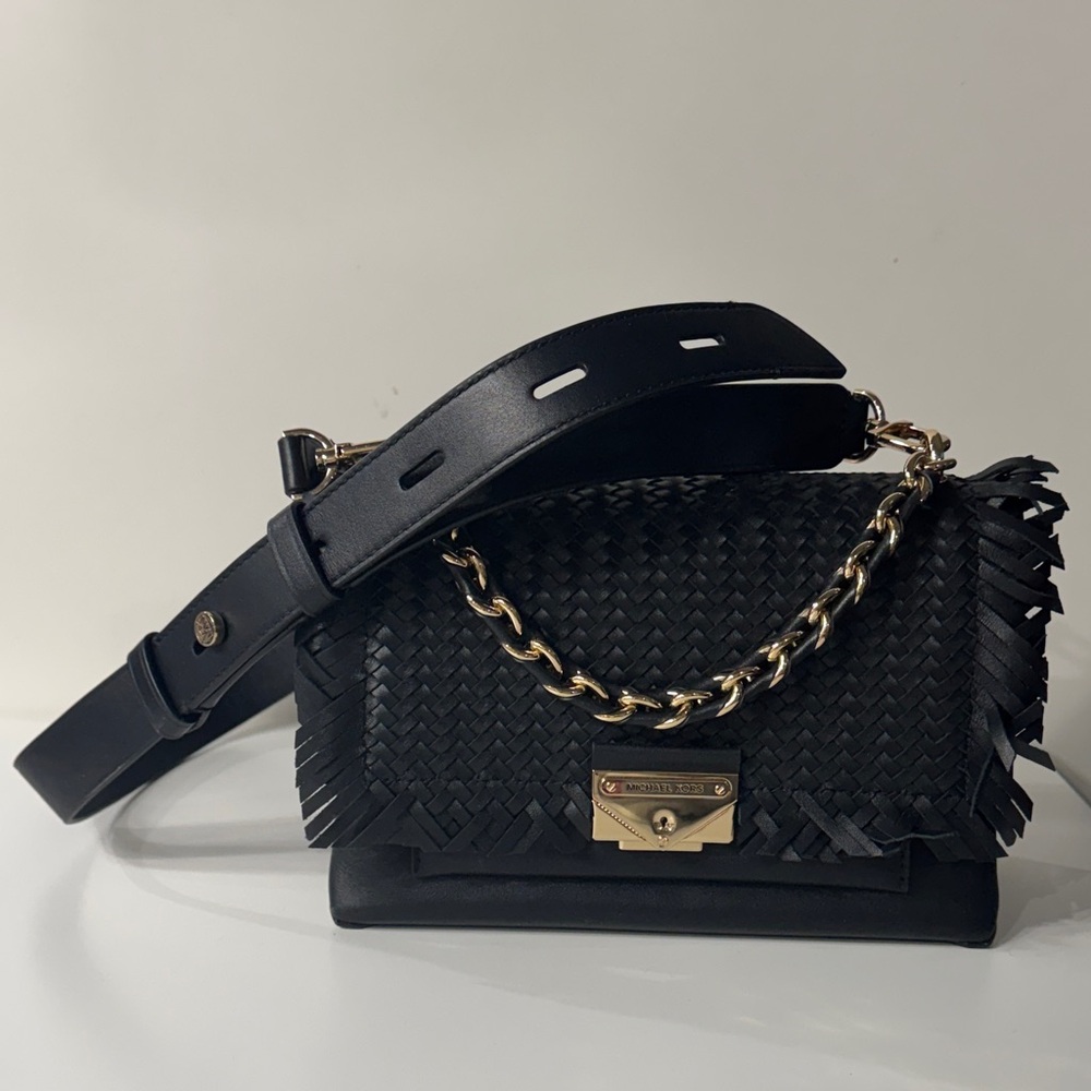 Michael Kors - Black Woven Leather Bag with Gold Chain and Cross Body Strap